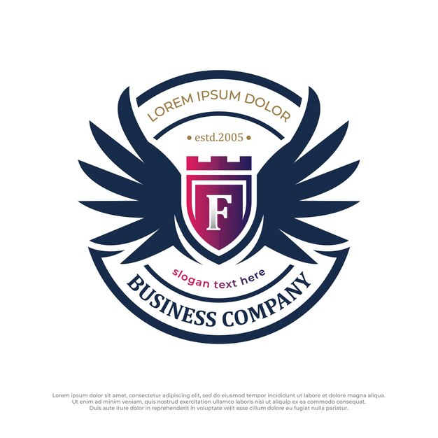 翼のバッジのロゴ紋章フライングエンブレム紋章ワシ鳥の翼の文字Fのロゴと盾のアイデア