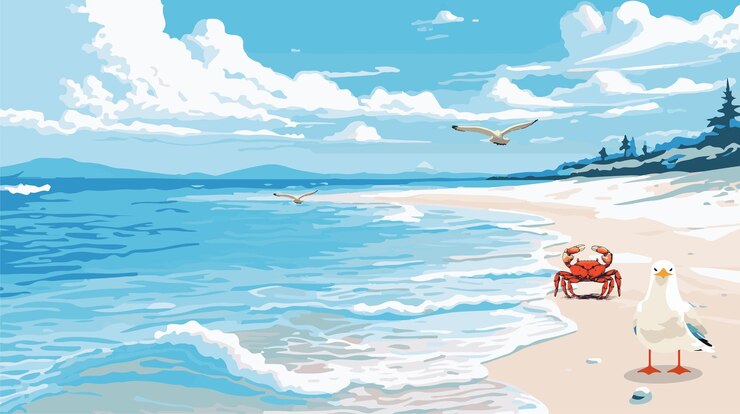 Vector wings and claws witnessing the coastal charm of gulls and crabs
