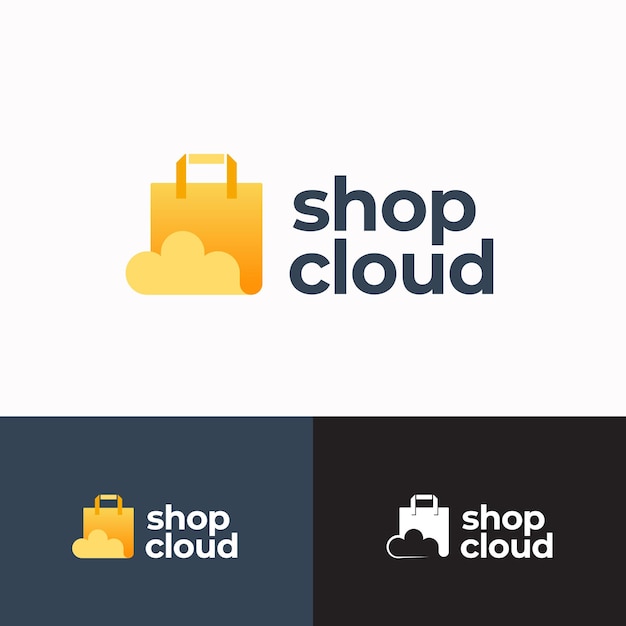 Winkel cloud abstract teken symbool of logo sjabloon papieren zak met cloud icoon en typografie winkelen een...