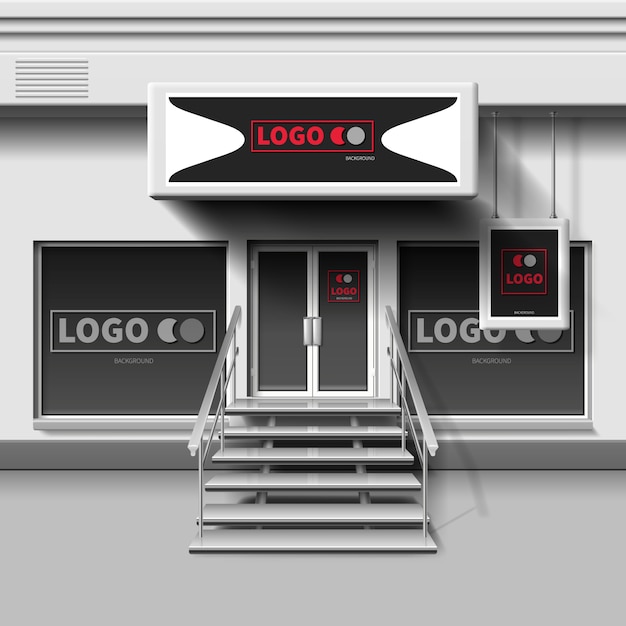 Winkel exterieur sjabloon. 3D-winkel met toegangsdeur