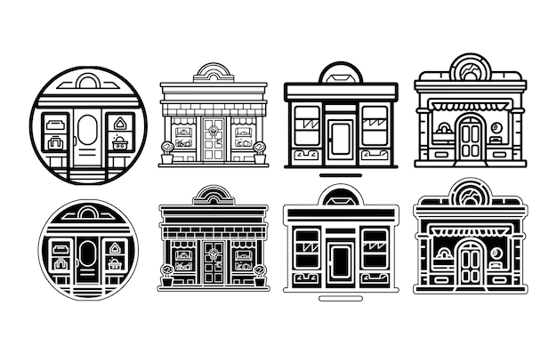 winkel gebouw icon setOnline winkel platte lijn icon set Vector illustratie opgenomen symbolen online