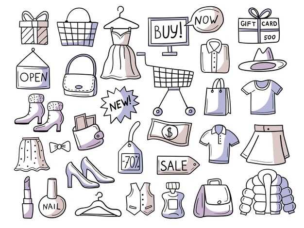 Winkeldroodles Handgetekende symbolen van marktzakken kleding schoenen gadgets recente vectorillustraties set