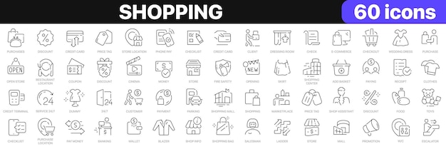 Winkelen lijn iconen collectie Winkelen winkel aankoop marketing levering pictogrammen UI icon set Dunne omtrek iconen pack Vector illustratie EPS10