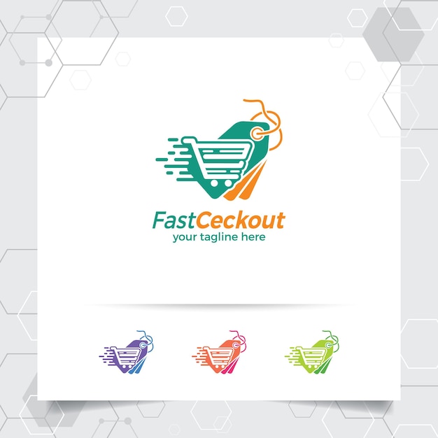 Winkelen logo-ontwerp met prijskaartje vector en kar symbool voor online winkel en e-commerce