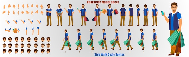 Winkelen man karakter modelblad met loopcyclus animatie volgorde