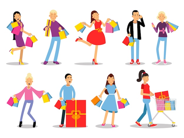 Winkelen mensen concepten. Plat ontwerp. Verzameling van lachende vrouwen en man karakters met geschenkdozen, papieren zakken en trolley met goederen. Plezier van aankoop. Voor verkopen en kortingen