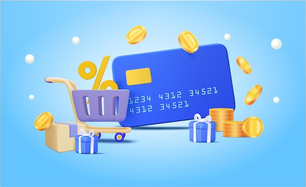 Winkelen met behulp van creditcard winkelwagen geschenkdoos munten drijvende percentage teken 3D-vector