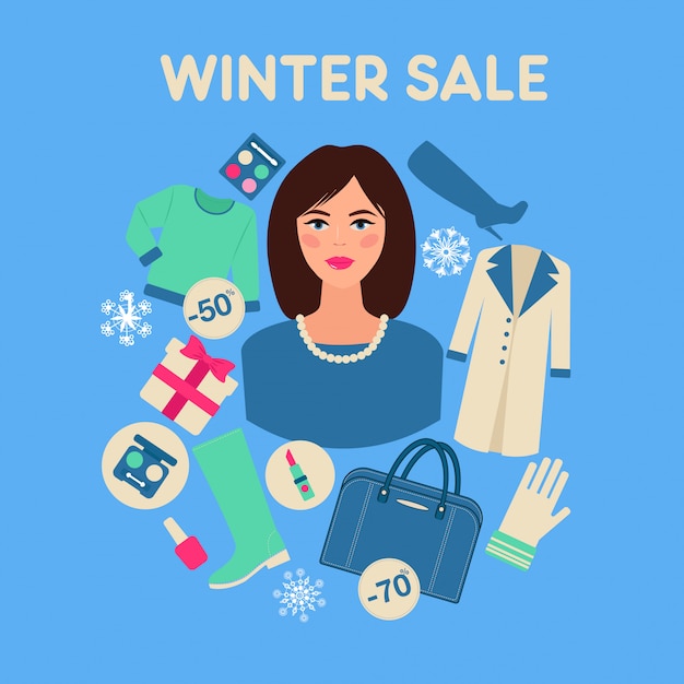 Winkelen winter sale in platte ontwerp met vrouw