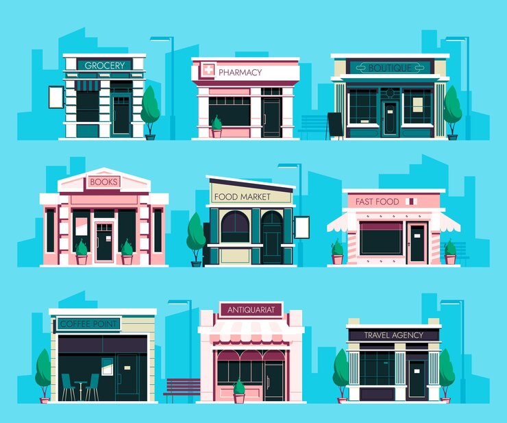 Vector winkelfront cartoon lokale winkel gevel met raam en deur kleine detailhandel buiten met vitrine en luifel vector winkelfront set
