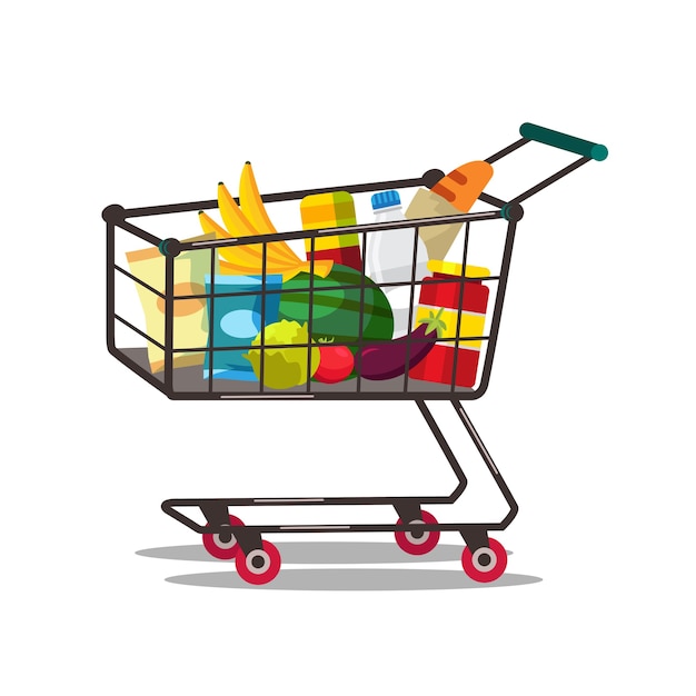 Winkelwagen met producten illustratie. Eten kopen. Supermarkt, boodschappenwagentje. Aankoop van vers fruit en groenten. Zuivelproducten, granen. Gezonde voeding, voeding