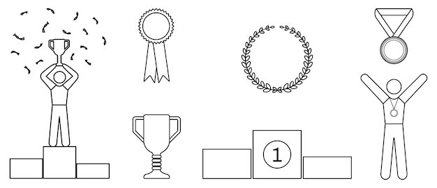 Winnaar Kampioen Icon set Mens op podium trofee medaille lauwerkrans award badge Kaderstijl vectorillustratie