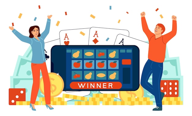 Vector winnaars van gokspellen. gelukkige mensen in mobiel casino