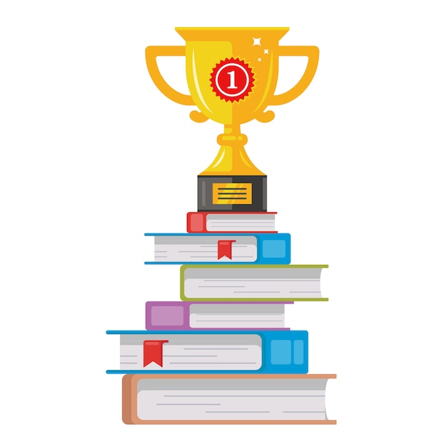 winnende gouden beker staat op een stapel boeken illustratie