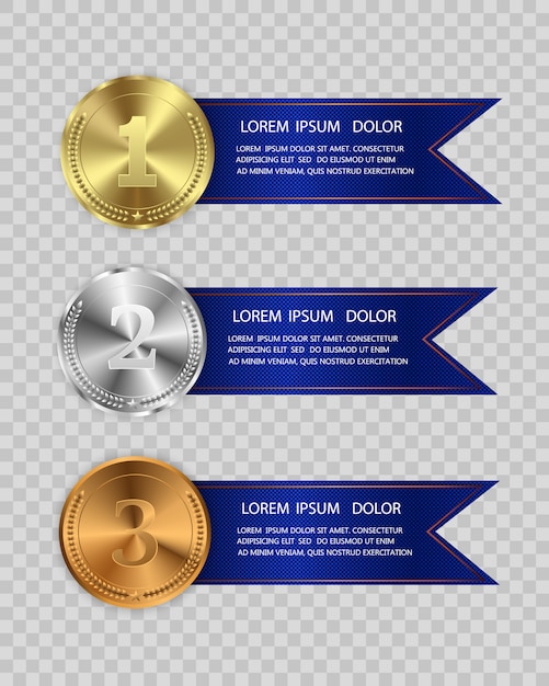 Vector winner award competition, prize medal and banner for text. champion medails with ribbon. award medals isolated on transparent background.  illustration of winner concept.