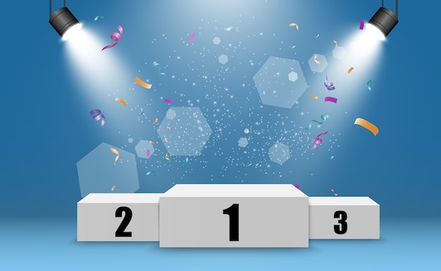 Vector winner background with signs of first, second and third place on a round pedestal.