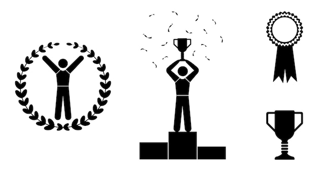 Winner champion Icon set Human with laurel wreath trophy and medal symbol