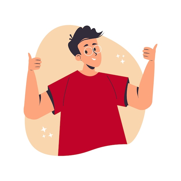 Vector winner cheerful mood and thumbs up concept young smiling man cartoon character showing thumbs up