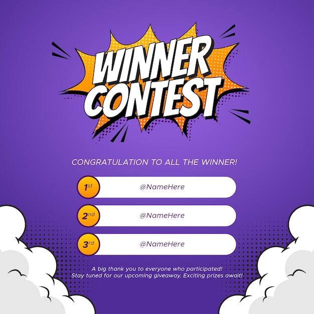 Vector winner contest announcement for social media post marketing program or brand activation