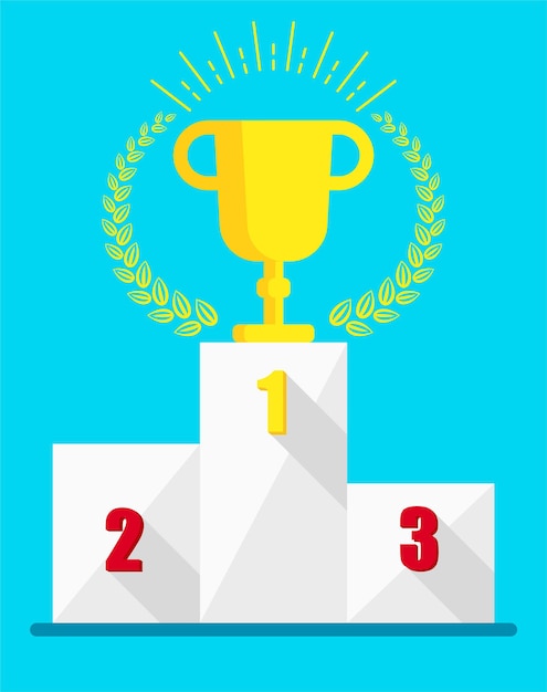 Winner Cup on the podium. First place in the competition. A symbol of victory in sports, competition, personal growth and teamwork. Flat vector illustration.