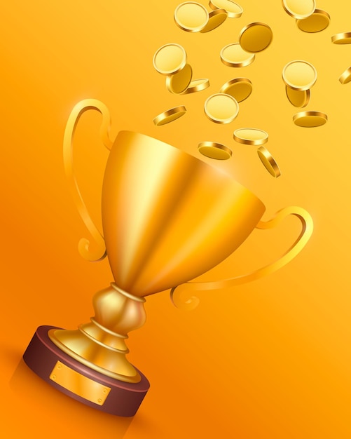 The winner cup with flying gold coins . vector illustration