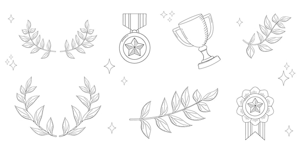 Vector winner elements in doodle style cup and laurel wreath for award ceremony
