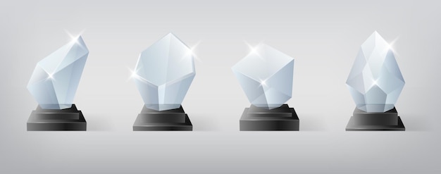 winner glass trophy set. first places award, crystal prize and signed acrylic trophies. championship win glossy cup. realistic isolated 3d. vector illustration