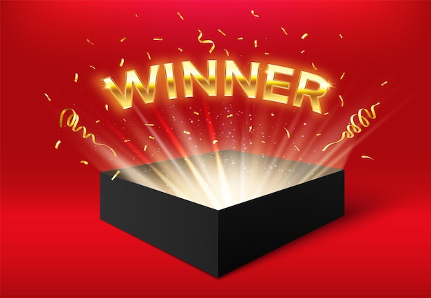 Winner glowing box with golden ribbons and confetti. surprise carton isolated on red for event celebration. winning in competition, giveaway, jackpot prize banner vector illustration