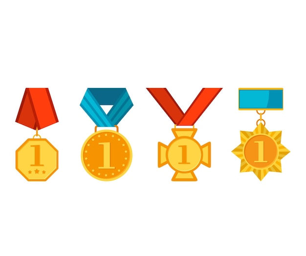 Vector winner medals with red and blue ribbons colorful collection of golden award circles first number
