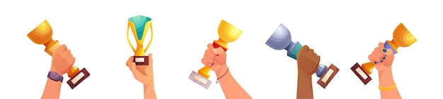 Vector winner multiethnic hands holding a goblet in hand idea of achievement leadership victory success