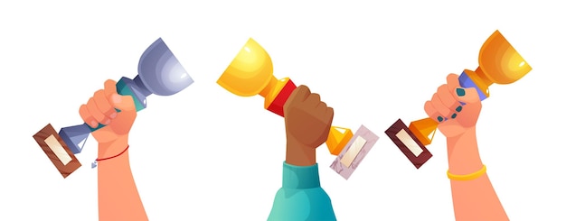 winner multiethnic hands holding a goblet