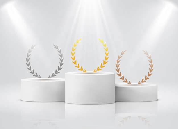 Vector winner pedestal with laurel. white cylinder podium under spotlights realistic mockup. gold silver bronze leaf round wreath on stages, first second third place award ceremony vector 3d concept on white