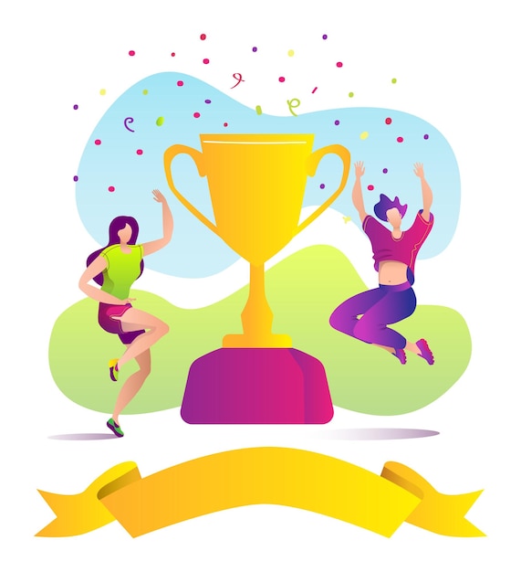 Winner people sport concept vector illustration Man woman character achieve success cartoon victory prize design Happy person near golden cup