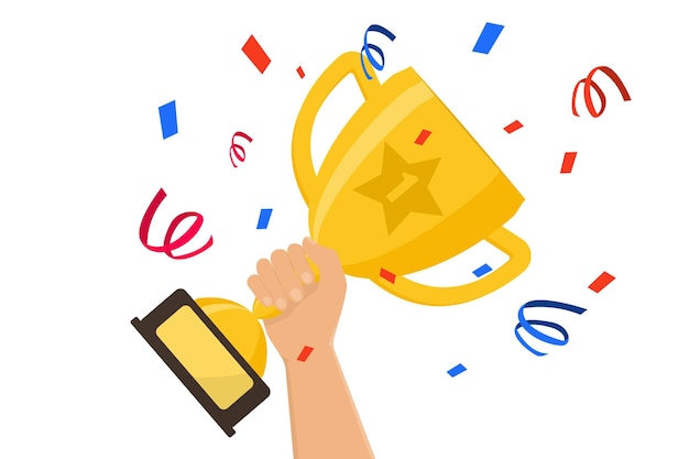 Winner prize goblet First place champion trophy reward Hand holding gold trophy cup Success and business achievements concept with award cup and confetti Vector illustration