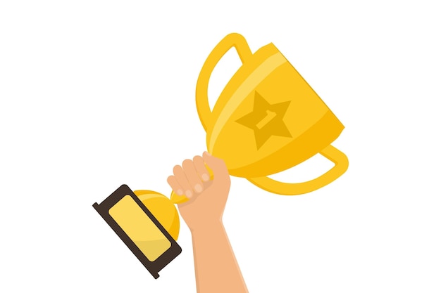 Winner prize goblet First place champion trophy reward Hand holding gold trophy cup Success and business achievements concept with award cup Vector illustration