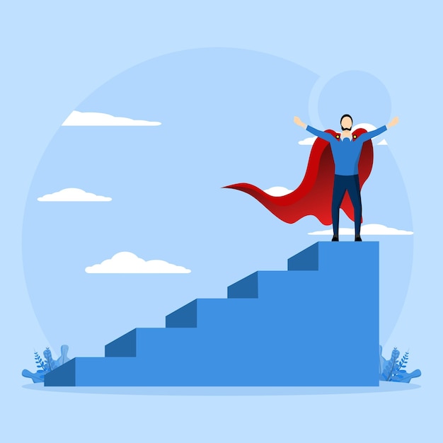 Vector winner and success concept businessman on top of ladder superhero man standing proudly on ladder