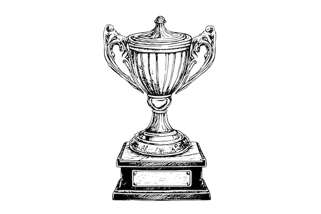 Vector winner trophy cup hand drawn ink sketch engraved style vintage illustration