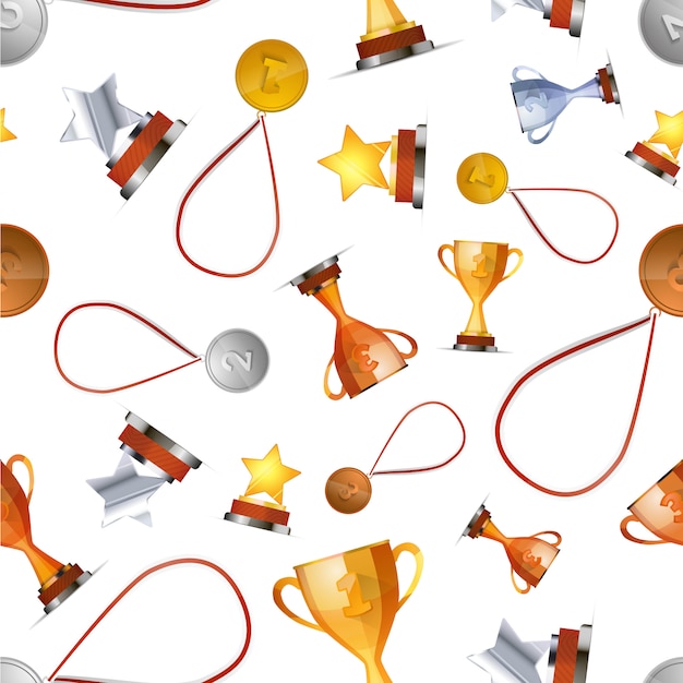 Premi dei vincitori con medaglie, tazze e stelle su bianco, modello senza giunture