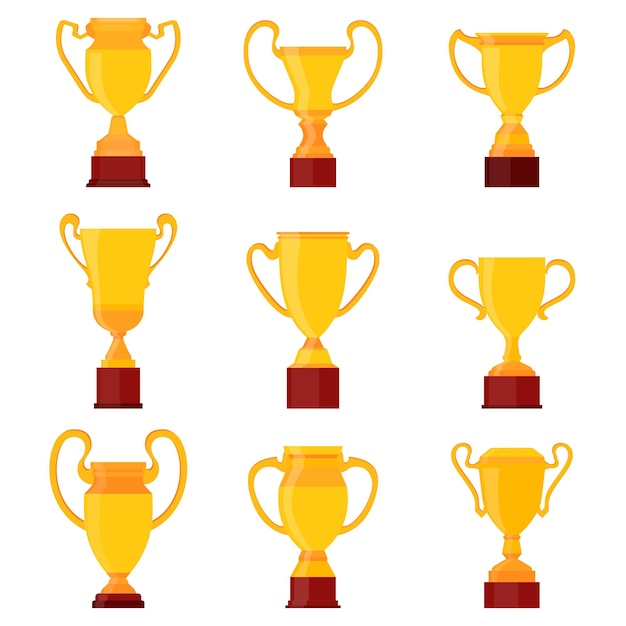 Winners gold cups Set of different golden bowls champion award trophy Vector cup sign