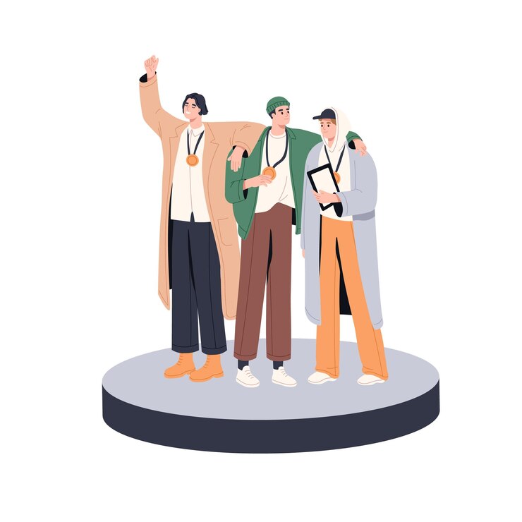 Vector 연단에 메달 상을 수상한 사람들 학생 챔피언 경쟁 대회 올림피아드 성공 성취 개념 흰색 배경에 고립 된 평면 벡터 일러스트 레이 션에서 승리를 축 하