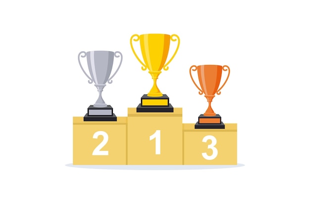 Vector winners podium with gold silver and bronze cups vector illustration in flat style isolated on white background