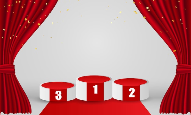 Winners podium with Red curtain background. Grand opening event design.