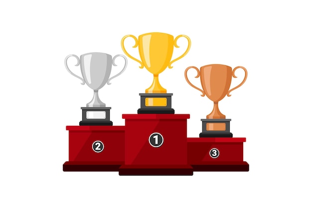 優勝者はトロフィーで表彰台を獲得しました。チャンピオンのトロフィー賞。 3つのベクターチャンピオンカップゴールド、シルバー、ブロンズトロフィー