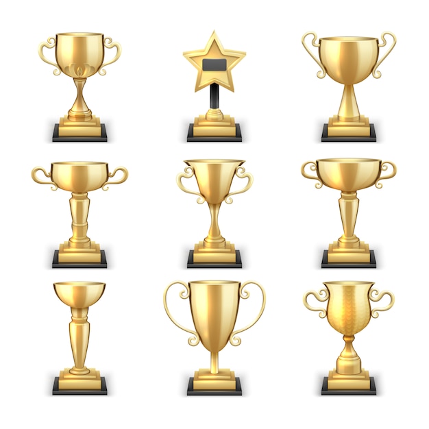 Vector winning golden trophy cups and sports awards vector collection isolated on white background. cup golden achievement, victory and prize sport illustration