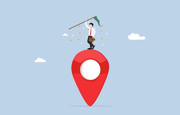 Winning at local marketing concept Businessman raising flag on top of map pin icon