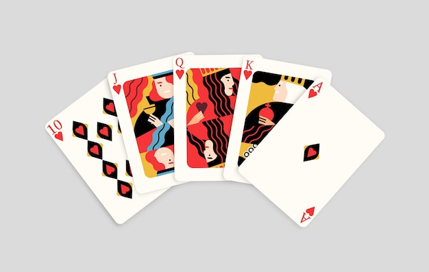 Winning poker hand combination hearts royal flush editorial vector flat illustration. Realistic five card playing winner compound isolated on white background. Gambling casino game chance.