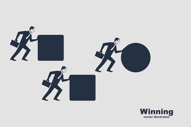 Winning strategy business concept. Competition. Silhouette enterprising businessman pushes sphere. Behind are pushing heavy load. Direction to victory. Black icon effective achievement.