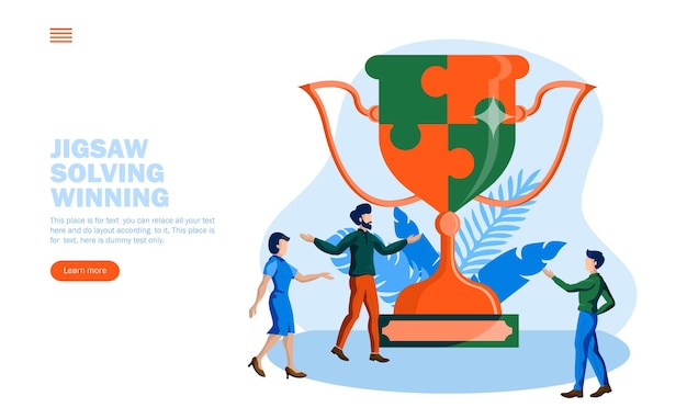 Winning strategy with jigsaw trophy and team conversation concept vector illustration