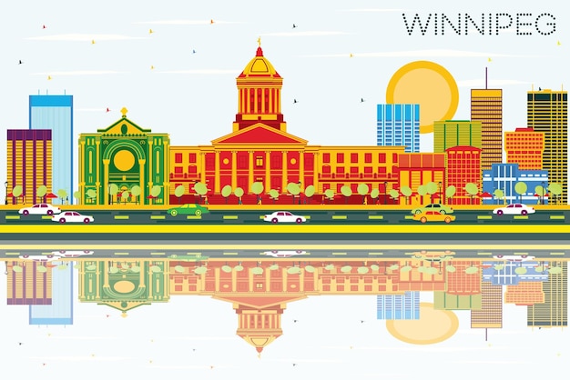 Winnipeg Skyline with Color Buildings, Blue Sky and Reflections. Vector Illustration. Business Travel and Tourism Concept with Modern Architecture. Image for Presentation Banner Placard and Web Site.