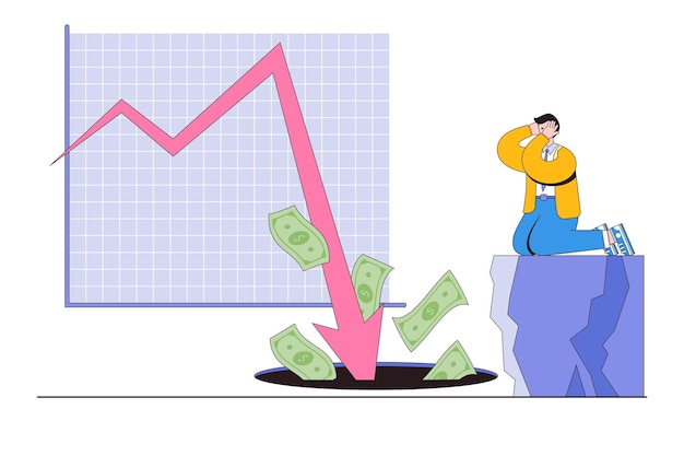 Winst verliezen investeringen in financiële crisis bedrijfsmislukking economische ineenstorting faillissement deflatie inflatie concepten paniek zakenman kijken naar geld vallen in gat met pijl-omlaag grafiek