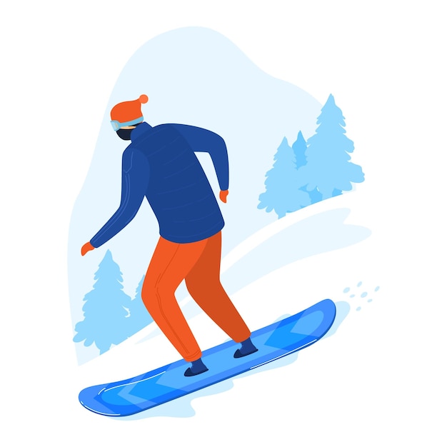 Winte rchristmas snowboard man sport man active snowboarding\
games cartoon style vector illustration